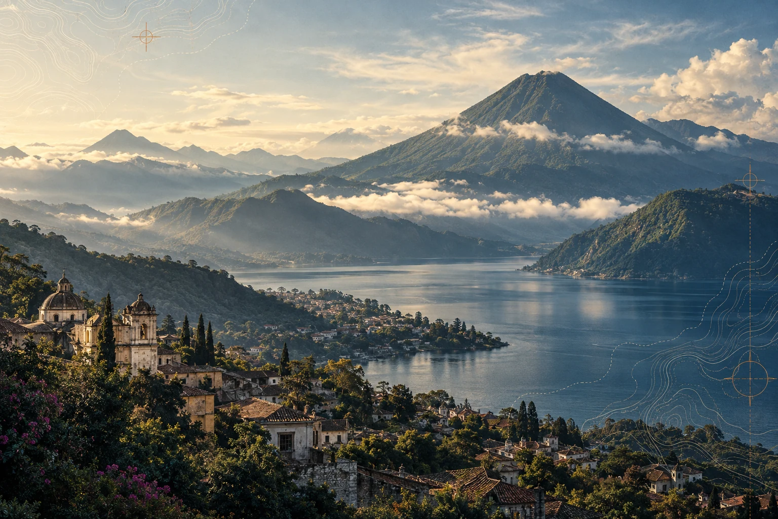 Illustrative Guatemalan volcanic landscape with a lake, town and delicate contour lines